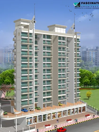 The architectural design for "Aditya Planet," a completed residential tower in Kharghar, Navi Mumbai. This project features 72 flats and 13 shops, with a design that emphasizes a sleek, uniform facade and integrated podium parking.