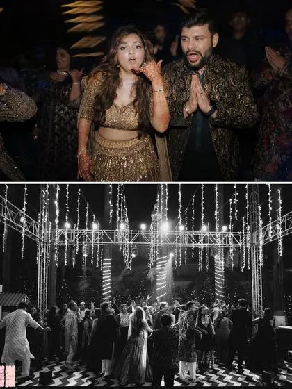 The Sangeet is all about uninhibited fun. These photos show the couple and their guests letting loose on the dance floor under a canopy of lights, which is exactly the vibe I aim for.