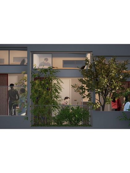 This render for "Coilspace" shows how balconies and shared spaces can be filled with greenery, creating a more humane and pleasant living environment for students.