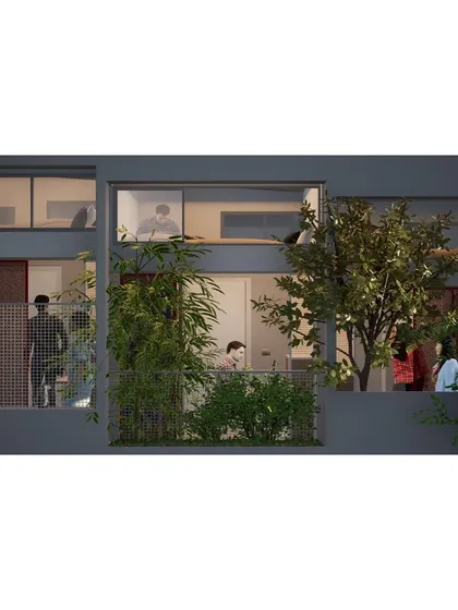 This render for "Coilspace" shows how balconies and shared spaces can be filled with greenery, creating a more humane and pleasant living environment for students.