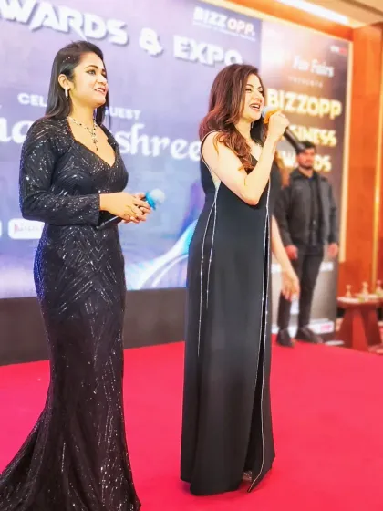 Sharing a moment on stage with the ever-graceful Bhagyashree at the BizzOpp Business Awards. It was a pleasure to co-host a segment with such a legendary actress.