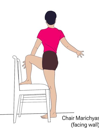 An illustration of a Chair Marichyasana twist, part of a home sequence to mobilize the spine safely.
