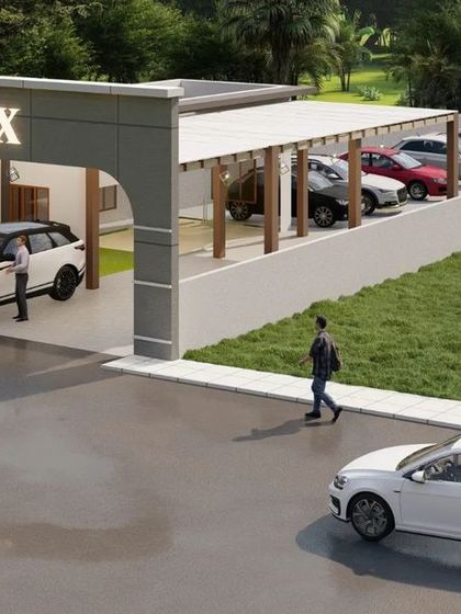 An overhead perspective of the entire "Car Max" lot, showing the layout of the parking and display areas for efficient customer flow.