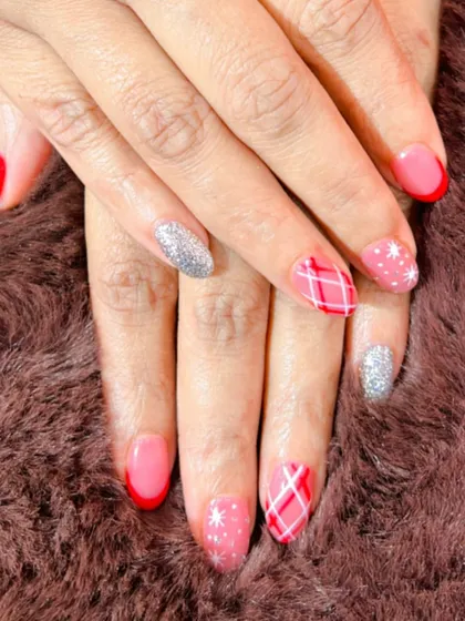 A fun and festive Christmas set with red and white plaid, glitter, and snowflake details.