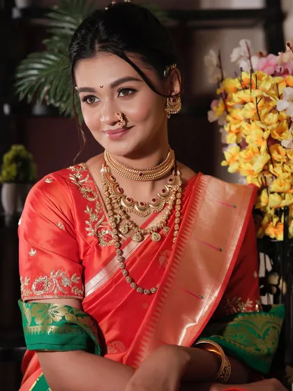 A beautiful portrait showing the complete look with a soft, happy expression.