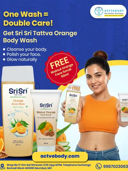 I love a good deal that also promotes self-care. This image showcases a fantastic "Double Care" offer from Sri Sri Tattva, combining an Orange Body Wash with a free Walnut Orange Face Scrub for a complete, natural glow.