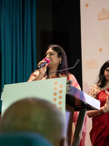 Addressing the audience at the 'Creative Connect' academic gathering. I wore my mom's saree for this special occasion.