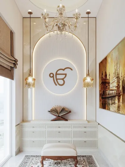 A home Gurudwara (Sikh prayer room) visualized with elegance and serenity. The render highlights the backlit 'Ek Onkar' symbol, the ornate chandelier, and the peaceful atmosphere.
