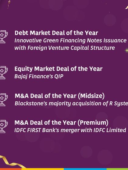 A summary of our notable deal wins at the ALB India Law Awards 2024, including 'Debt Market Deal of the Year' and 'Equity Market Deal of the Year'.