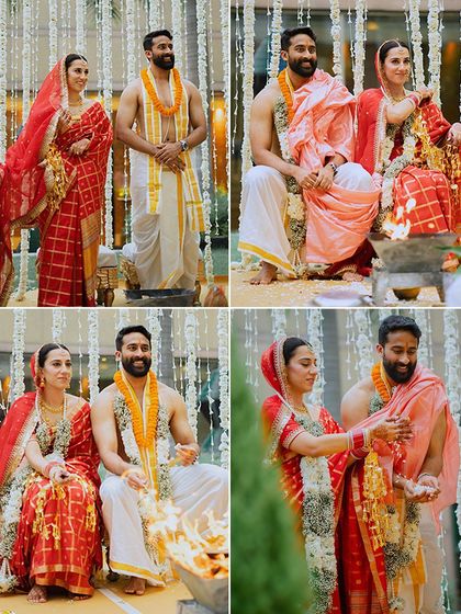 A series of shots capturing the couple during their South Indian wedding rituals, seated together by the holy fire.