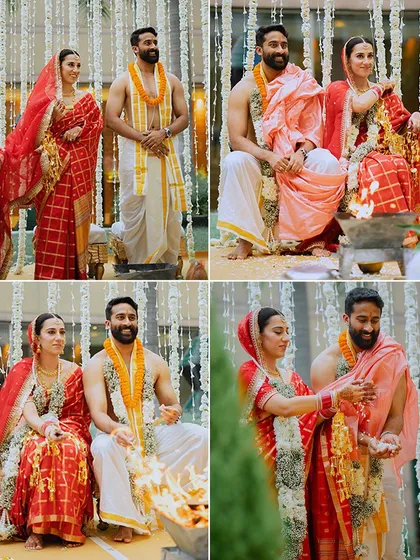 A four-part collage showing the couple during their South Indian wedding ceremony, seated before the sacred fire.