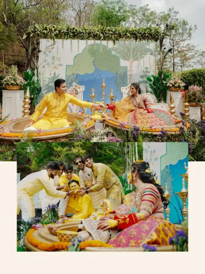 A collage showing the couple seated for the Haldi rituals, with friends playfully applying turmeric.