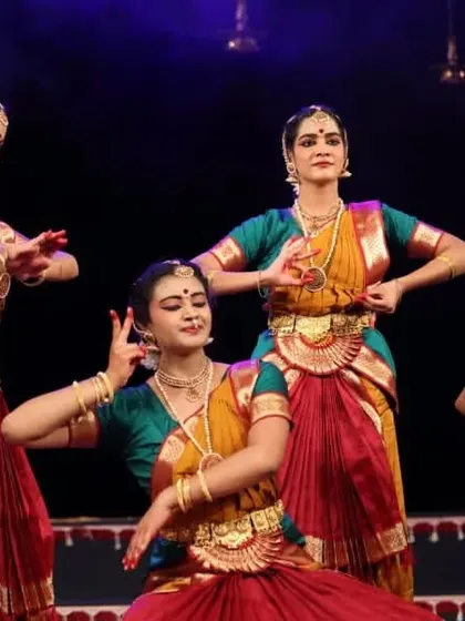 A group of my talented dancers in a stunning formation during a performance at our annual day. Each student brings their unique energy to the stage.