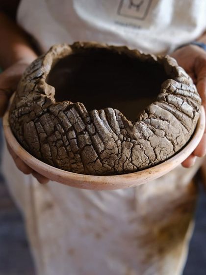A piece in progress at the Bali workshop, showing the application of sodium silicate to create a cracked texture. It was a time of immense learning and growth.
