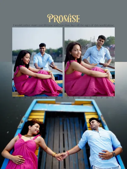 I love finding unique spots for pre-wedding shoots, like this serene boat ride. This collage captures the couple's playful and romantic interactions, telling a story of their journey together.