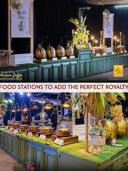 Our food stations are designed to add a touch of royalty to your event. This collage shows our elegant green and gold buffet counters, complete with traditional serving dishes and floral arrangements, ensuring a majestic presentation.