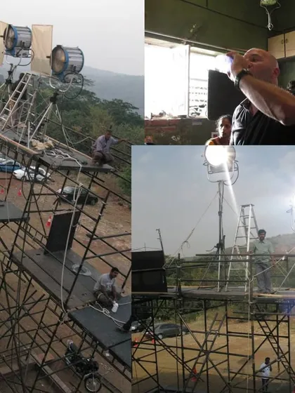 For the film 'Delhi Belly', we constructed a multi layer scaffolding tower to rig an Arri 18kW Fresnel. This allowed us to create a consistent sunlight effect for a house interior that was shot on a set, matching the exterior shots filmed at a real location.
