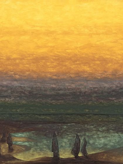 'In the Worlds After Light', another stunning serigraph by Sabavala, capturing a moody, atmospheric landscape with cloaked figures.