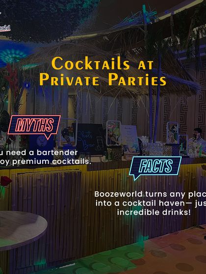 For a more relaxed, tropical vibe, we designed this tiki-style bar with a thatched roof and bamboo facade. Neon signs add a modern, fun twist, making it perfect for a vibrant private party.