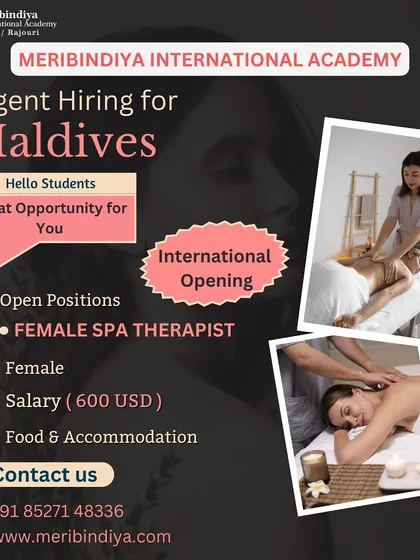 Your skills can take you places. We provide exclusive international job openings, like this urgent requirement for a Female Spa Therapist in the Maldives, which includes salary, food, and accommodation. We focus on creating global career paths.