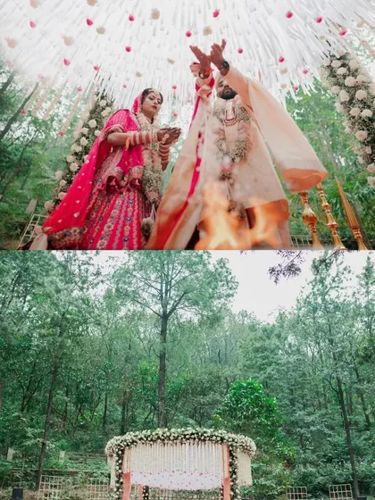 A collage showing the wedding ceremony in a forest clearing, a truly unique and natural setting for saying "I do."