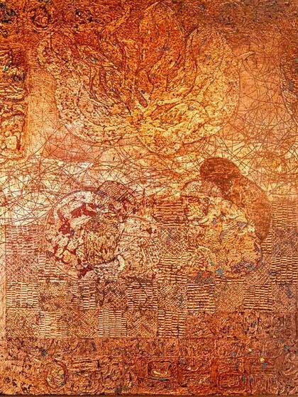 In 'La Contadora del Tiempo,' Eva Malhotra doesn’t just depict time, she etches through it. Using chisels and carving tools, she reveals a glowing, encrypted terrain where each line is a relic.