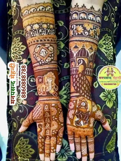 A vibrant design featuring a cartoon-style portrait on one palm and Lord Ganesha on the other. The arms are filled with peacocks and elephants, making it a fun yet traditional choice.