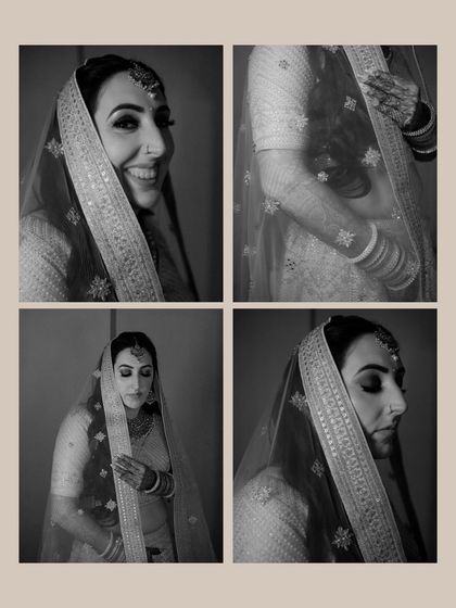 A collage of black and white bridal portraits. It captures the bride's various moods, from smiling to pensive, showcasing her beauty in a classic style.