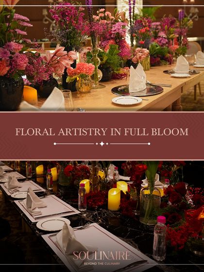 A collage showcasing our floral artistry in full bloom, with tables adorned with lush, colourful arrangements and ambient candlelight. We weave refined elegance into every setting.
