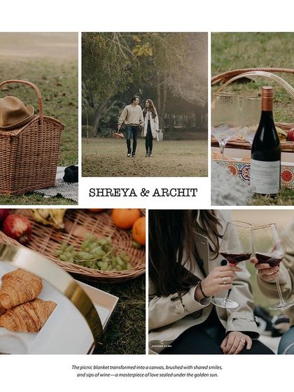 A collection of details from a romantic picnic pre-wedding shoot, from the basket and wine to the shared smiles. We believe in capturing the full atmosphere of your story.