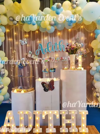 A beautiful pastel butterfly-themed setup with a fairy light curtain backdrop.