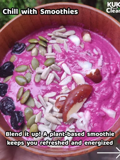 One way to beat the heat is to chill with smoothies. This vibrant pink smoothie bowl is blended with fruits and topped with seeds and nuts for a refreshing and energizing meal.