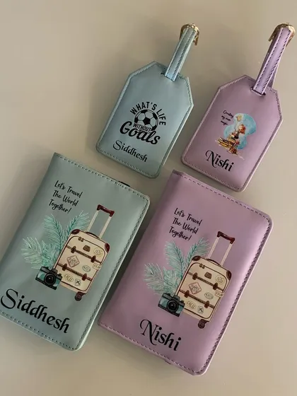 The perfect gift for a travel-loving couple. This matching set includes personalized passport covers and luggage tags in pastel blue and lavender, featuring their names and custom travel-themed artwork.
