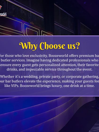 Wondering why you should choose us? This graphic explains our premium bar butler service, where dedicated professionals provide personalized attention and impeccable service to make every guest feel like a VIP.
