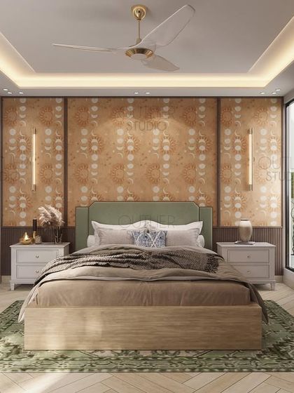 Greenery and neutral tones meet fun wallpaper in this stunning bedroom. The design creates a fresh and inviting atmosphere, with a patterned headboard wall adding a touch of playful elegance.