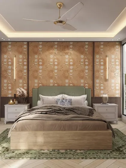 Greenery and neutral tones meet fun wallpaper in this stunning bedroom. The design creates a fresh and inviting atmosphere, with a patterned headboard wall adding a touch of playful elegance.