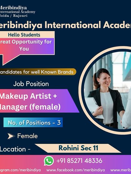 My courses prepare you for leadership roles. This opening is for a Makeup Artist plus Manager position in Rohini.