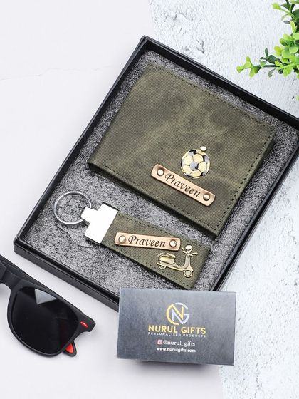 An olive green denim wallet and keychain set, personalized with football and scooter charms.