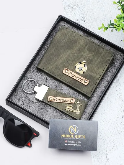 This olive green denim set includes a personalized wallet with a football charm and a keychain with a scooter charm.