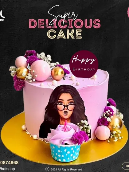 I love making birthdays extra special with personalized cakes like this one. It features a fun cartoon portrait, a "Happy Birthday" topper, and is decorated with pink and gold orbs. A matching cupcake completes this super delicious and unique birthday set.
