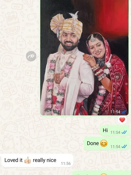 A screenshot of a happy client's reaction to their finished wedding portrait.