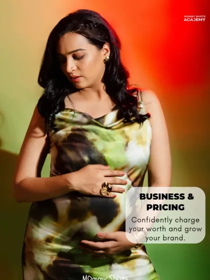 A bold maternity look with a green and red color palette, showing confident use of color and styling.