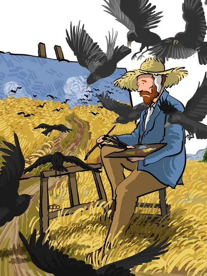 Vincent paints in a wheatfield as crows, a symbol of doom in his final painting, fly around him. This piece explores perception, suggesting that beauty or ugliness, hope or despair, is all in how you choose to see the world.