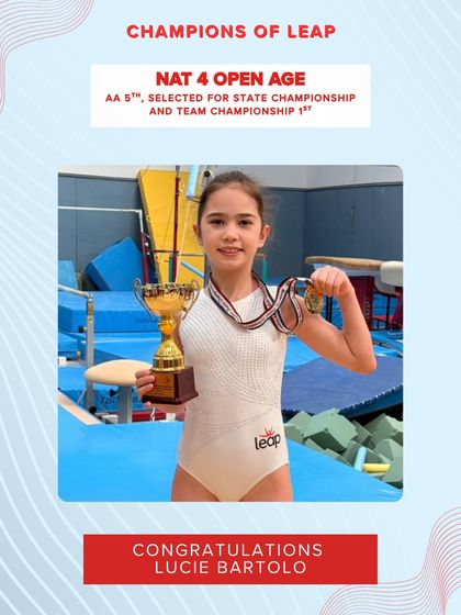 Congratulations to Lucie Bartolo, who placed 5th All Around in the NAT 4 Open Age category, securing her spot in the State Championship and contributing to the 1st place team championship win.