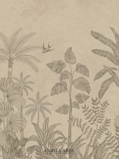 A detailed swatch of a bespoke tropical wallpaper, highlighting the fine line work of the palm trees, foliage, and a soaring bird.