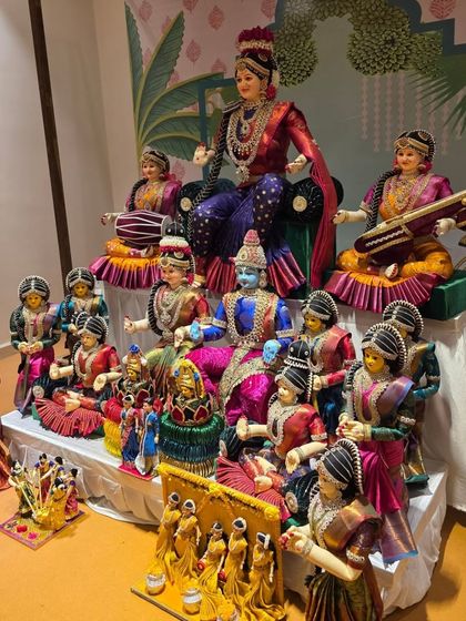 A side view of the intricate Golu doll arrangement.