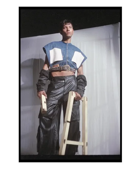 The model holds wooden blocks, adding a strange, sculptural element to this film portrait. The image feels both posed and spontaneous, a quality often found in analogue photography.