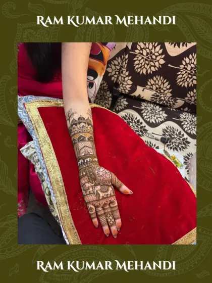 This full-arm bridal mehandi showcases a royal theme with palace architecture and traditional patterns, perfect for a classic bridal look.