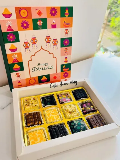 Another angle of the Festive Choco Bliss box, showing the beautiful assortment of my handcrafted chocolates. Each piece is decorated differently, making the box a visual delight.