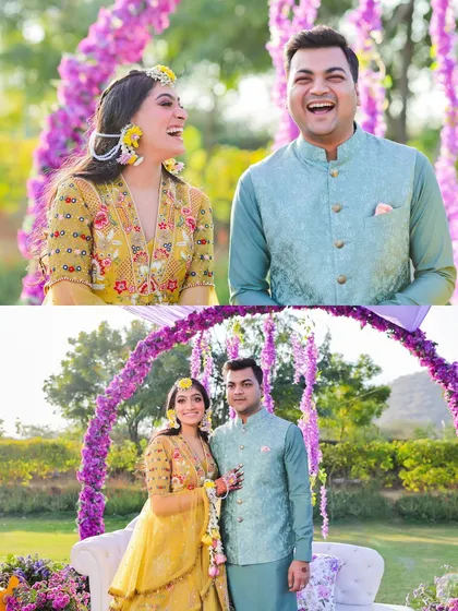 This collage shows the fun and laughter of a Haldi ceremony. We capture both the couple's happy moments together and the overall festive decor, like the purple floral arch.